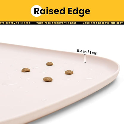 Silicone Dog Food Mat with Side Pocket & Hook Hole, Soft Raised Edges, Easy Clean Waterproof Non-Slip Pet Feeding Mat for Cats and Dogs Water Bowl, Pets Accessories(18"x12",Natural Tan)