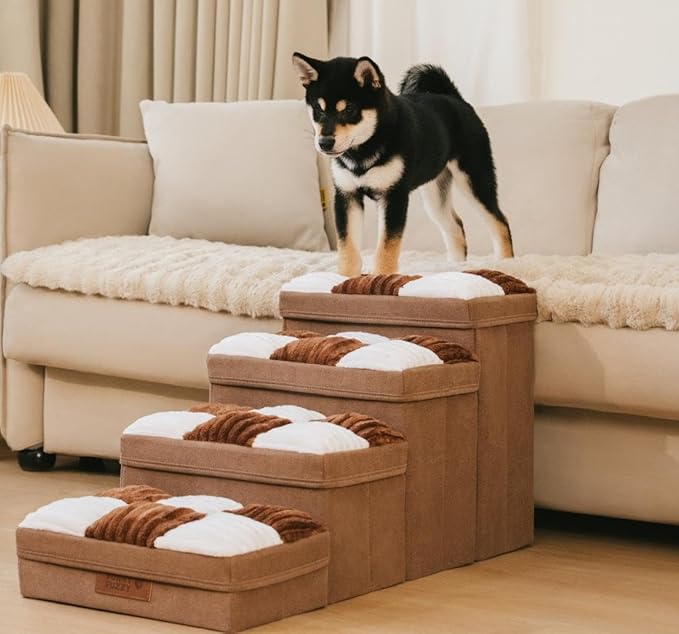 FUNNYFUZZY Dog Stairs for Small Dogs - 4 Steps Chessboard Plaid Handcrafted Dog Stairs with Storage - Multifunctional and Foldable, Brown