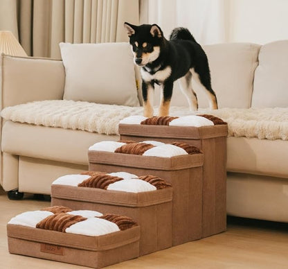 FUNNYFUZZY Dog Stairs for Small Dogs - 4 Steps Chessboard Plaid Handcrafted Dog Stairs with Storage - Multifunctional and Foldable, Brown