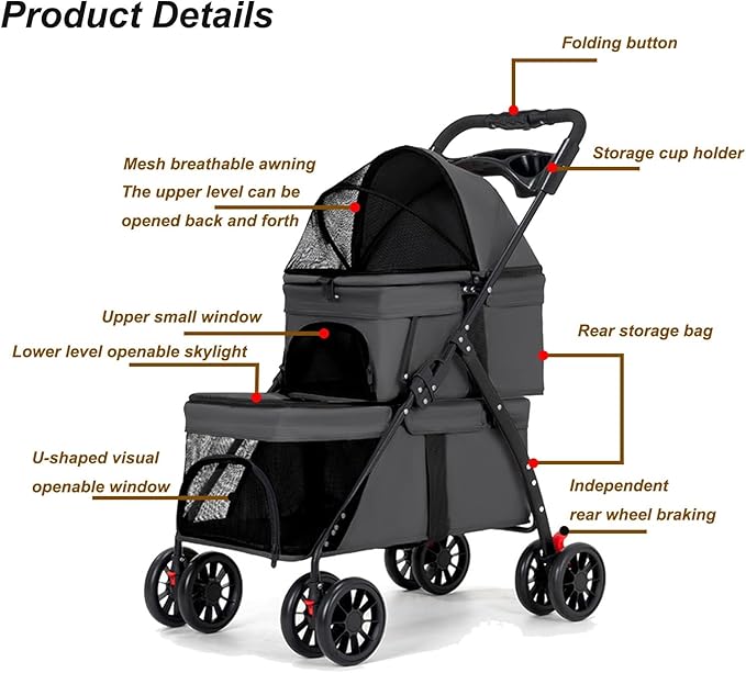 Double Dog Stroller for Medium Small Dogs and Cats Load-Bearing Up to 50lbs, Durable 360° Universal Wheels Lightweight One Hand Foldale Kittens Puppies Travel Stroller Cart(Double)