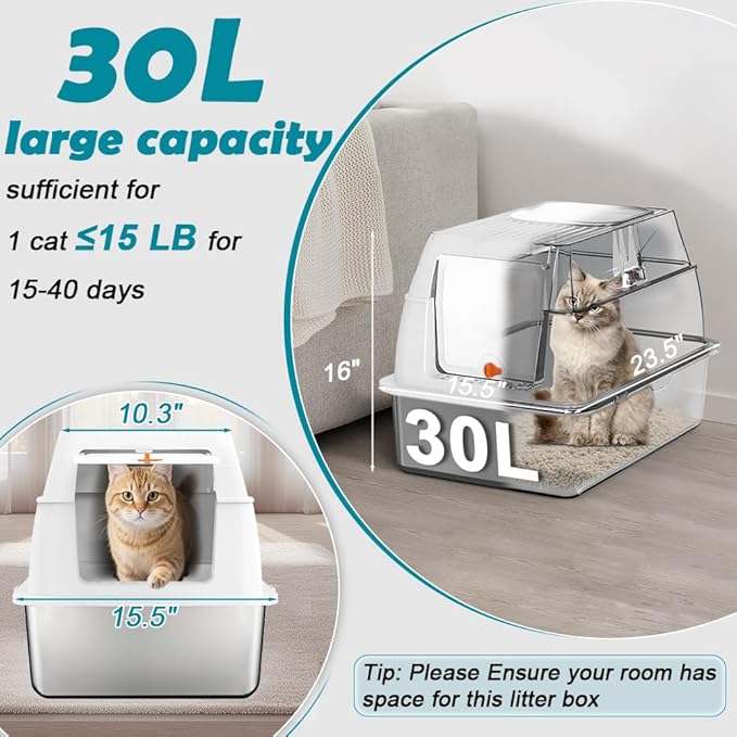 SZEE XL Stainless Steel Litter Box with Lid, Extra Large Metal Covered Litter Box, Stainless Box Easy Clean, Activated Charcoal Odor Control Design, Includes Litter Scoop & Mat & Step, White