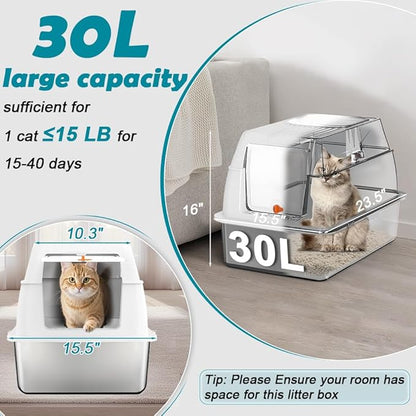 SZEE XL Stainless Steel Litter Box with Lid, Extra Large Metal Covered Litter Box, Stainless Box Easy Clean, Activated Charcoal Odor Control Design, Includes Litter Scoop & Mat & Step, White