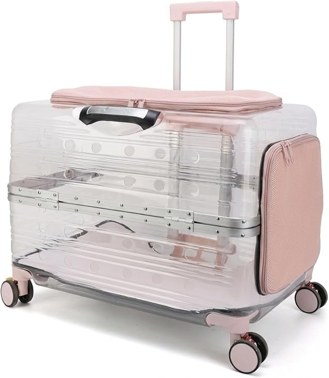 Large Capacity Transparent Pet Carrier with Wheels, Airline Approved Rolling Pet Travel Crate for Dogs & Cats, Portable Hard Shell Pet Luggage (Pink)