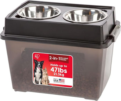 IRIS USA Elevated Dog Bowls, 15" H Raised Bowl for Large Dogs, Airtight Pet Food Storage Holds Up to 47 Lbs, 2 Removable 64 oz Stainless Steel Bowls, At Home or Camping, Smoke/Black