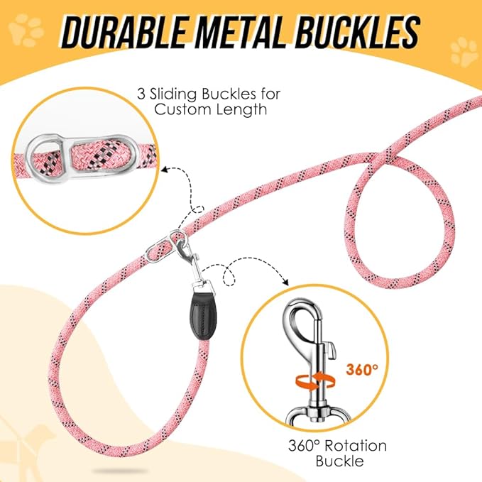 Lukovee Hands Free Dog Leash, 10FT Adjustable Training Lead 1/2 Inch Nylon Heavy Duty Lead No Pull for Large Medium Dogs, Tangle Free Reflective Waist-Leash for Walking Running, Pink