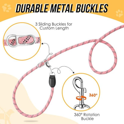 Lukovee Hands Free Dog Leash, 10FT Adjustable Training Lead 1/2 Inch Nylon Heavy Duty Lead No Pull for Large Medium Dogs, Tangle Free Reflective Waist-Leash for Walking Running, Pink