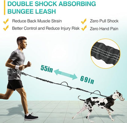 Kytely Hands Free Dog Leash with Zipper Pouch, Wide Padded Waist Dog Running Leash, Dual Padded Handles, Retractable Bungee for Walking Jogging Training Hiking