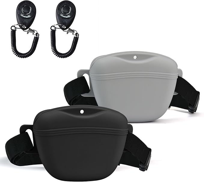 AUDWUD Upgraded Silicone Dog Treat Pouch with Training Clicker, Tighter Sealing to Prevent Food Spilling, 1.68 Cup Capacity Treat Bag with Waist Belt