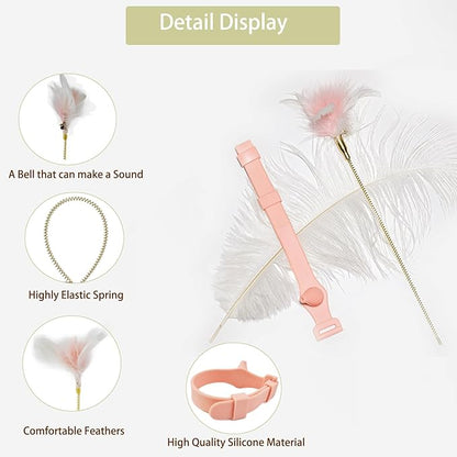 Cat Collar with Feather Toy Attached Interactive Cat Feather Wand Toy Kitty Teaser Toy Cat Neck Toy Hands Free Teasing Wand Feather Silicone Adjustable Collar for Indoor Cat Exercise