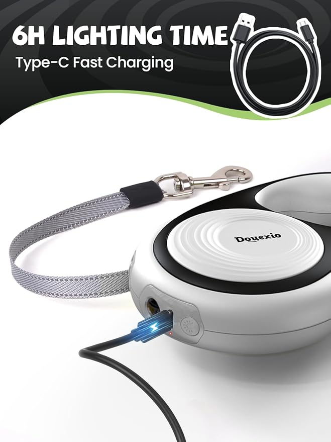 Retractable Dog Leash with LED Flashlight, Douexio Upgrade 3 in 1 Dog Leash Retractable for Small Medium Dogs Up to 66 lbs, 16ft, Anti-Slip Handle,One-Handed Brake (White)