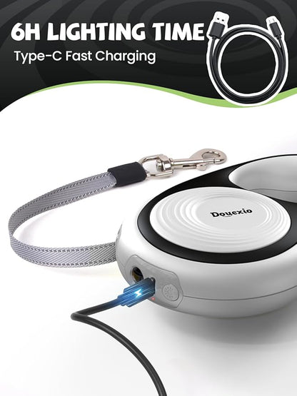 Retractable Dog Leash with LED Flashlight, Douexio Upgrade 3 in 1 Dog Leash Retractable for Small Medium Dogs Up to 66 lbs, 16ft, Anti-Slip Handle,One-Handed Brake (White)