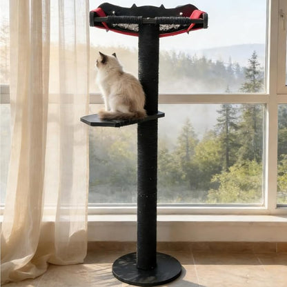Cat Window Perch with Scratching Post Strong Supported - Large Hammock Bed for Cats Inside - Solid Wood Seat, Soft Cushion - Rustic Indoor Cat Tree Shelf for Sunbathing (Black, Large 2)