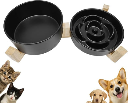 Ceramic Slow Feeder Dog Bowl Set-1 Cup Puzzle Dog Food Bowl & 850ML Water bowl with wooden stand for small dogs, Anti-Gulping,Anti-chewing,Anti-Slip,Black