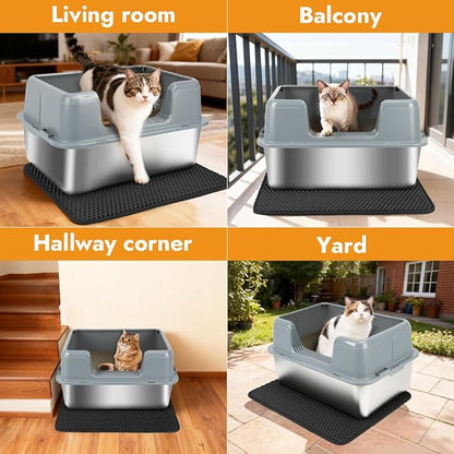 Vivifying Stainless Steel Cat Litter Box, Large Semi-Enclosed Litter Box with Lid and Mat, Anti-Leakage Metal Pan for Easy Cleaning & Odor Control (Gray)