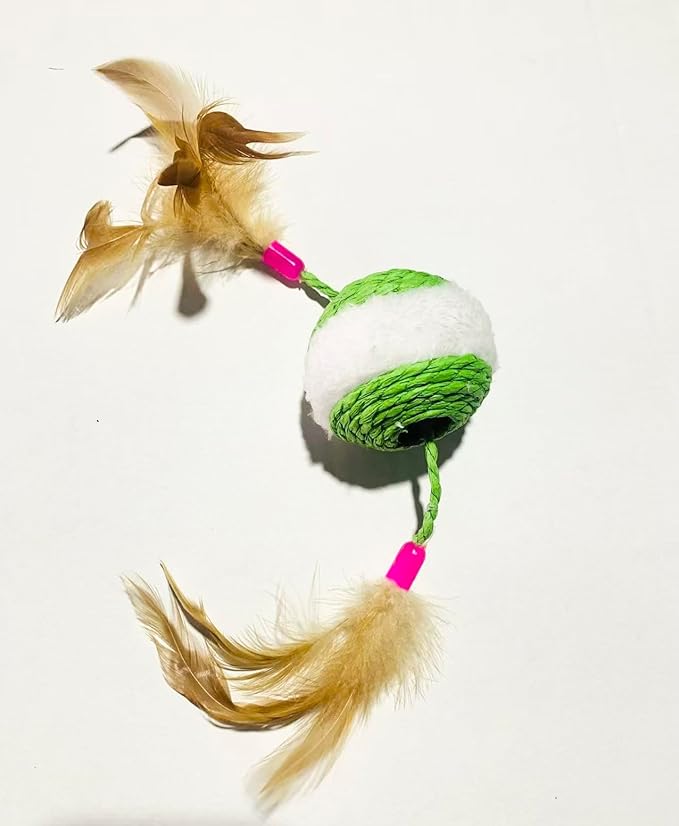 1x Hemp Ball Cat Toy,Six-Hole Hollow-Out Designed,Sisal Hemp Woven Cat Toy, Plume Bell Inside,Special Kitten Chew Toys for Indoor Cats,Interactive pet (Random Color Delivery, 6cm Ball)