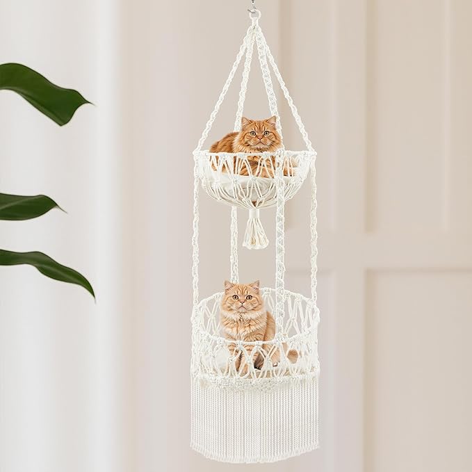 Double Deck Macrame Cat Hammock with Cushion Boho Hanging Bed Swing Cat Tree Door Hanger for Playing Sleeping Climbing and Lounging