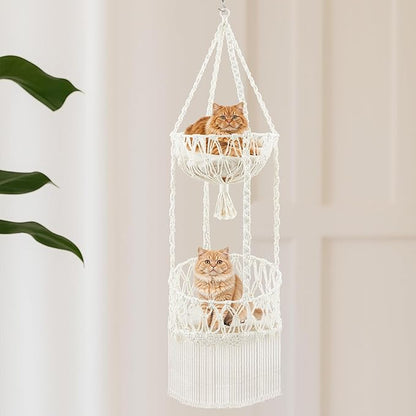 Double Deck Macrame Cat Hammock with Cushion Boho Hanging Bed Swing Cat Tree Door Hanger for Playing Sleeping Climbing and Lounging