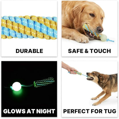 Tug of War Rope Dog Toy - Glow in the Dark Dog Chew Toy with Glowing Squeaky Ball, Pet Interactive Pull Fetch Toys, Teeth Cleaning Chew Toys