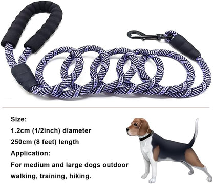 MayPaw Heavy Duty Rope Dog Leash, 3/4/5/6/7/8/10/12/15 FT Nylon Pet Leash, Soft Padded Handle Thick Lead Leashes for Large Medium Dogs (Purple Black, 1/2" * 8')