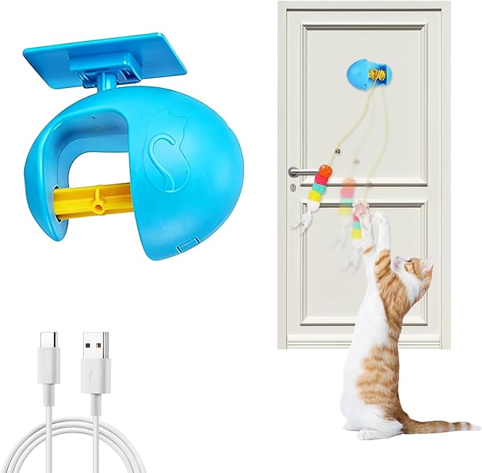 Puffluv Interactive Cat Toy for Indoor Cats, Automatic Electric Flying Bird Feather Wand Toy,Hanging Feather Wand with Stretch Cord, Rechargeable Teaser for Kittens and Adult Cats Play,Blue