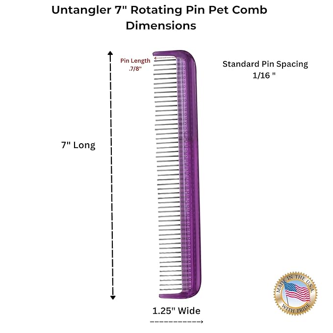 Pet comb for easy mat removal - silky smooth rotating teeth untangles without causing pain to pets. (7", Purple)