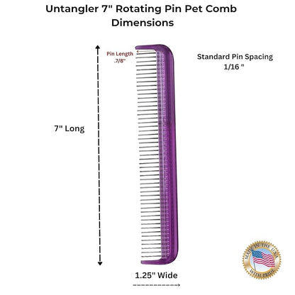 Pet comb for easy mat removal - silky smooth rotating teeth untangles without causing pain to pets. (7", Purple)
