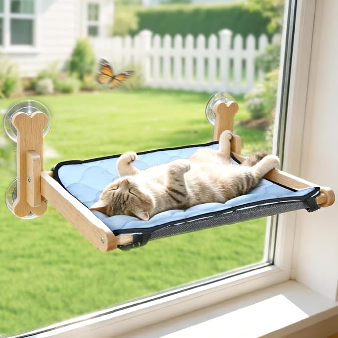 SZEE Cat Window Perch with Breathable Mesh for Airflow, Foldable Cat Window Hammock Bed with Wooden Frame, Equipped with Dual-Sided Mat for All-Season Use, Strong Suction Cups & Solid Thicken Frame