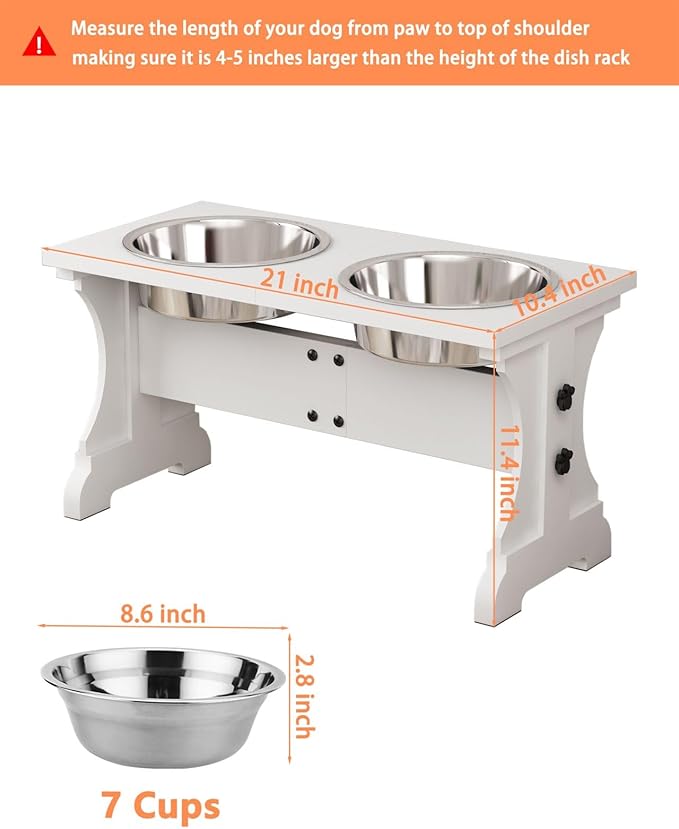 Piskyet Elevated Dog Bowls,Farmhouse Dog Bowls Stand, Raised Dog Bowl with 2 Stainless Steel Wooden Dog Bowls,7 Cups 11''H_55 oz Bowl-White, GWJ-01