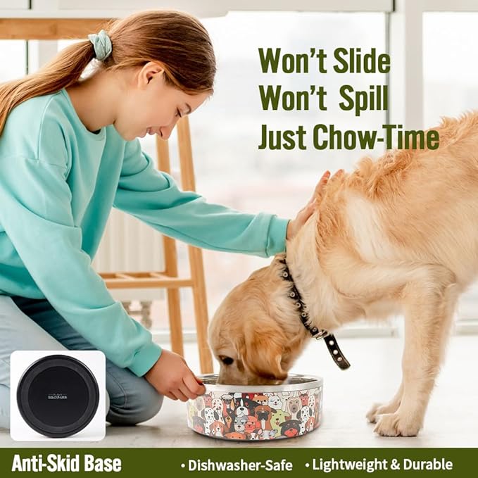 Selly’s Den 50 oz Dog Bowl - Double Walled Stainless Steel Water Bowl for Puppies & Small, Medium Dogs - No-Tip Non-Slip Rubber Base - Durable Metal Dog Dish Pawdience Design