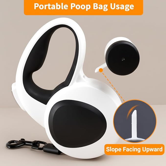 Retractable Dog Leash with USB Rechargeable LED Light, 16 ft Heavy Duty Dog Lead with Poop Bag Holder & Chew Proof Cable, Leash for Small Medium Large Dogs, White