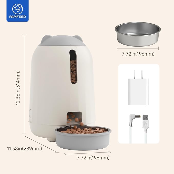 PAPIFEED Automatic Cat Feeder with App Control, 2.4G WiFi Auto Cat Food Dispenser, 3L Cat Feeder Automatic with Dual Power Supply, Easy-Clean Design for Cats & Small Dogs (Grey)