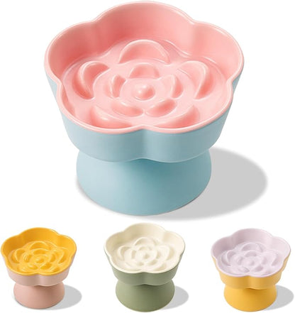 Tilted Cat Bowl, Flower-Shaped Ceramic Slow Feeder Cat Bowl, Raised Pet Bowl for Whisker Relief, Prevents Vomiting & Bloating, Non-Slip Base, Easy to Clean for Dry/Wet Food (Pink & Blue)
