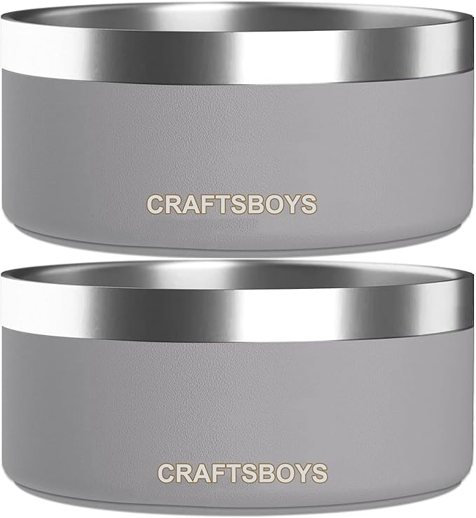 Dog Bowl, Dog Food Water Bowl with Non-Slip Rubber Base, Stainless Steel, Double Wall Small Medium Large Dogs, 32oz, Pack of 2 (Grey)