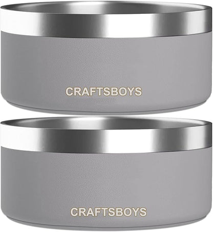 Dog Bowl, Dog Food Water Bowl with Non-Slip Rubber Base, Stainless Steel, Double Wall Small Medium Large Dogs, 32oz, Pack of 2 (Grey)