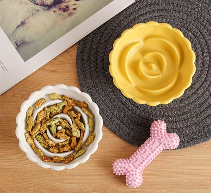 Ceramic Raised Cat Slow Feeder Bowls Whisker Friendly Anti Vomiting Cat Slow Eating Food Bowl for Cats Puppy Dogs Neck Support Plates (Pink)