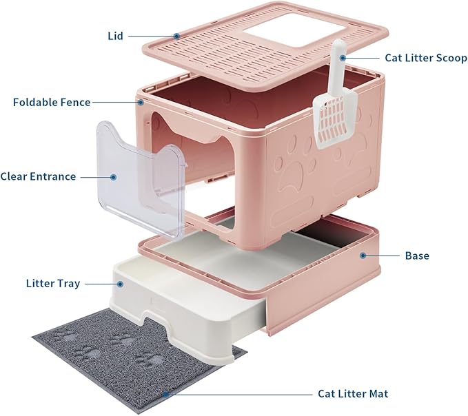 Cat Litter Box with Litter Mat and Scoop, Large Covered Litter Box with Lid, Front Entry Top Exit Kitty Box, Odor Control, Easy to Clean (Pink)