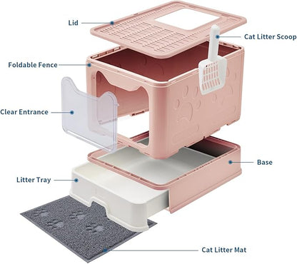 Cat Litter Box with Litter Mat and Scoop, Large Covered Litter Box with Lid, Front Entry Top Exit Kitty Box, Odor Control, Easy to Clean (Pink)