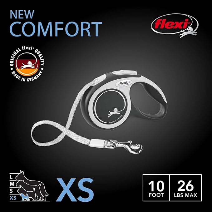 FLEXI® Comfort XS Tape Retractable Dog Leash (Grey/Black) 10 ft for Extra Small, Tiny Dogs up to 26 lbs|Ultra Compact Pocket-Size, 3-Finger Grip, German Quality|Tangle-Free, 1-Hand Brake, Pause & Lock