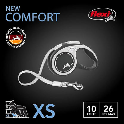 FLEXI® Comfort XS Tape Retractable Dog Leash (Grey/Black) 10 ft for Extra Small, Tiny Dogs up to 26 lbs|Ultra Compact Pocket-Size, 3-Finger Grip, German Quality|Tangle-Free, 1-Hand Brake, Pause & Lock