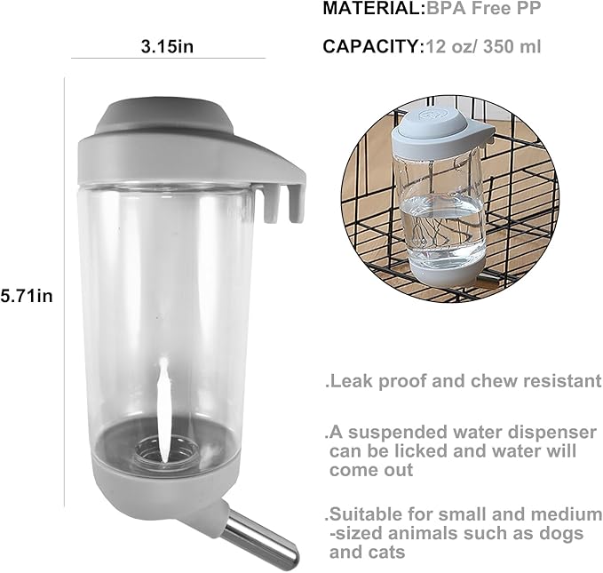 Dog Crate Water Bottle - 12 oz No Drip Kennel Pet Water Dispenser, Easy-to-Use Cage Water Bottle for Dogs, Cats, Small Animals, 350ML, Grey