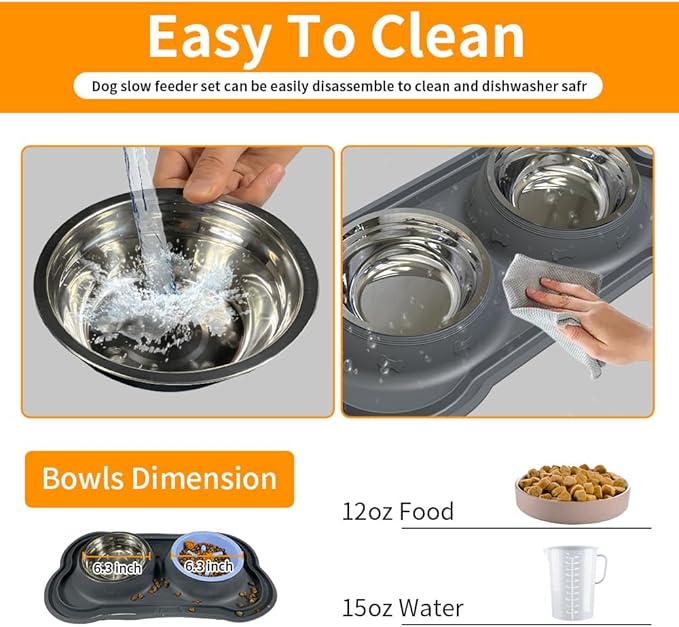 Dog Bowls Stainless Steel Slow Feeder Set with Silicone Mat-100% Waterproof BPA Free Cat and Dog Food Bowls No-Spill and Non-Skid-Pet Feeder Water Bowls for Puppy Medium Dogs Cats