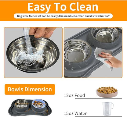 Dog Bowls Stainless Steel Slow Feeder Set with Silicone Mat-100% Waterproof BPA Free Cat and Dog Food Bowls No-Spill and Non-Skid-Pet Feeder Water Bowls for Puppy Medium Dogs Cats