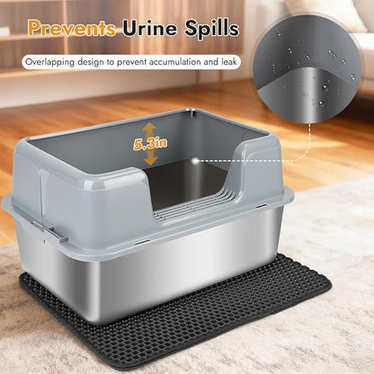 Vivifying Stainless Steel Cat Litter Box, Large Semi-Enclosed Litter Box with Lid and Mat, Anti-Leakage Metal Pan for Easy Cleaning & Odor Control (Gray)
