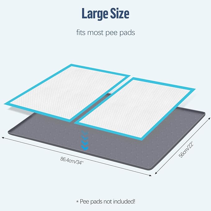 Pee Pad Holder for Dogs, 34" x 22" Silicone Pee Tray Mat Leak-Proof, High Edge, No Spill Pet Pad Holder for Puppy, Cat, Rabbit, Training Pads for Floor Protection, No Pee Pads (Grey)