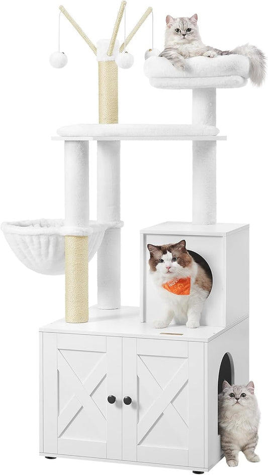 Feandrea Cat Tree with Litter Box Enclosure, 59-Inch Modern Cat Tower, 2-in-1 Condo with Scratching Posts, Washable Removable Cushion, Cloud White UPCT113W01