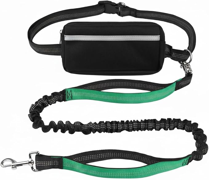 Hands Free Dog Leash with Waist Belt & Large Zipper Pouch, Waist Leash for Dog Walking, Running & Hiking, Reflective Stitching & Dual Padded Handles, Ideal for Medium to Large Dogs (25–125 lbs)