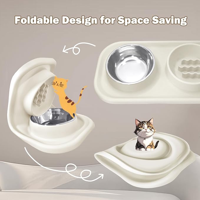 Waterproof Silicone Cat Food Bowls, Stainless Steel & Silicone Slow Feeder Double Bowls, Non-Skid & Non-Spill Raised Edge, Food and Water Feeder for Cat and Puppy