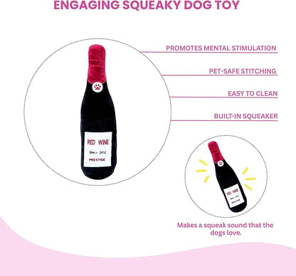 Glow Pups Plush Dog Toy with Squeaker, Durable & Adorable Red Wine Bottle Dog Toy, Engaging & Interactive, Machine Washable, Comforting Toy Dogs - Red