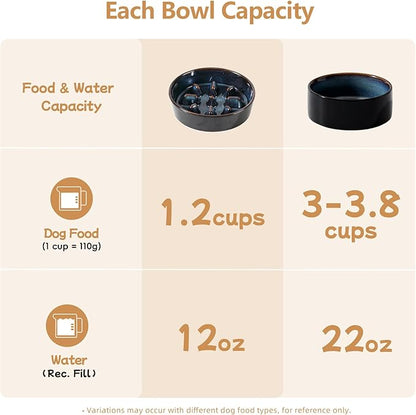 Ceramic 1.2 Cup Raised Slow Feeder Dog Bowl Set, Elevated 6.1inch Bowl and 7.3inch Slow Feeder Dish with Acacia Wood Stand for Small and Medium Dogs (2 x Starry Sky+ Stand)