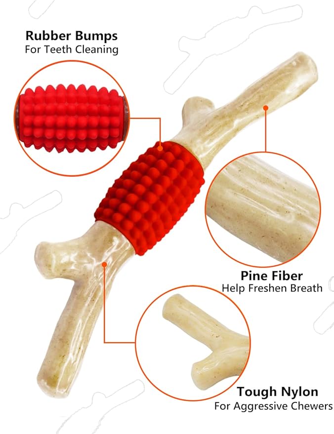 SCHITEC Dog Chew Toy for Aggressive Chewers, Tough Big Nylon & Rubber Teething Stick with Real Bacon Maple Wood Flavor for Large Medium Breed